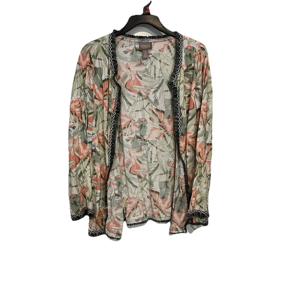 Chicos Havana Fringe Trim Linen Blend Jacket Tropical Floral Size 3 Womens XL - Picture 4 of 10